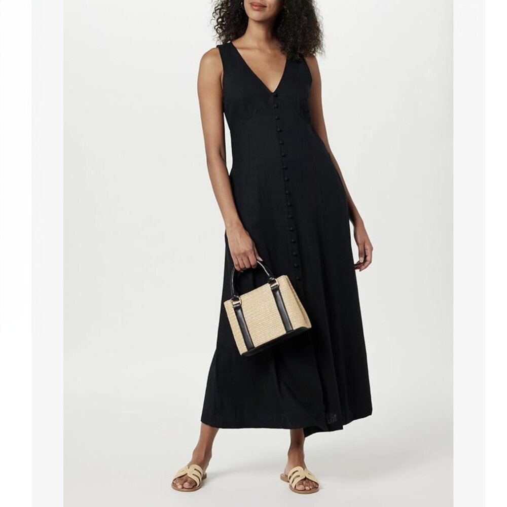 The Drop Blanca Linen Button-Front V-Neck Maxi Dress NWT